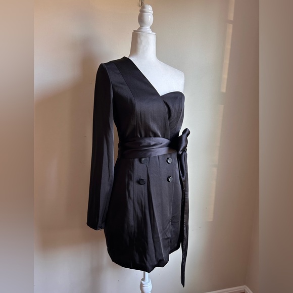 Mac Duggal One Shoulder Tie Waist Tuxedo Dress - Black - 4 - Picture 10 of 15